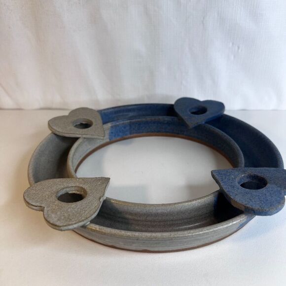 Handcrafted Pottery Ring w/ Four Heart Taper Candle Holders Two Tone Blue Decor - Picture 4 of 7